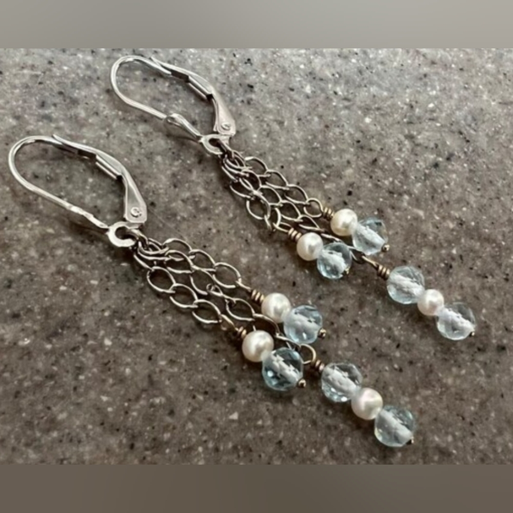 14kt White Gold blue topaz and pearl dangle earrings